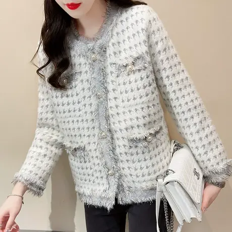 千鸟格水貂绒小香风开衫针织外套2023秋季新款宽松显瘦千鸟格爆款商品大图