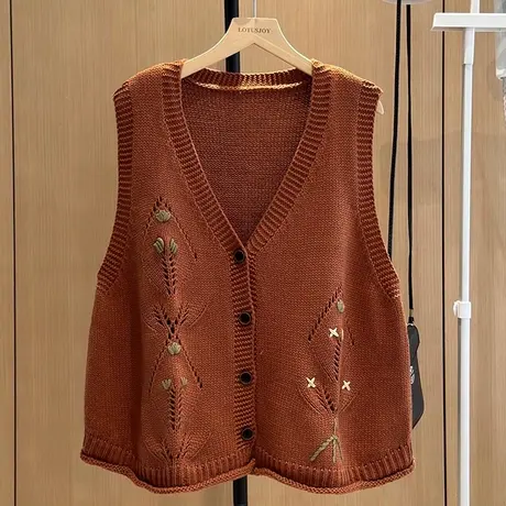 针织坎肩马甲背心女外穿春秋季2023新款复古宽松毛衣无袖棉线马夹图片