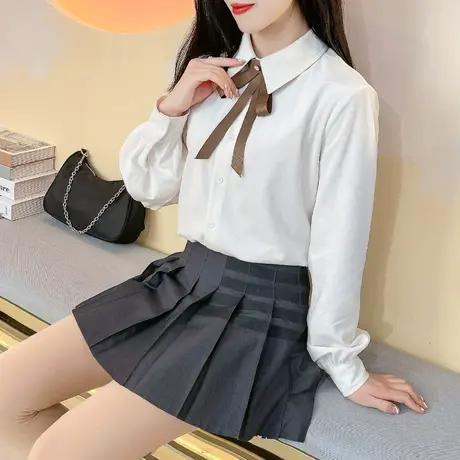 灯芯绒蝴蝶结长袖衬衫女早秋2022新款设计感小众复古泡泡袖上衣商品大图