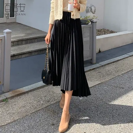 百洛安高腰显瘦半身裙百褶裙女秋装新款韩版不规则大摆a裙长裙子图片