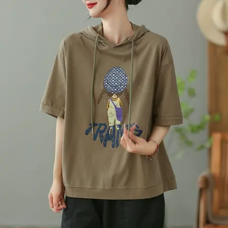 dza复古连帽短袖T恤女2023夏季薄款纯棉打底体恤宽松显瘦套头上衣商品大图