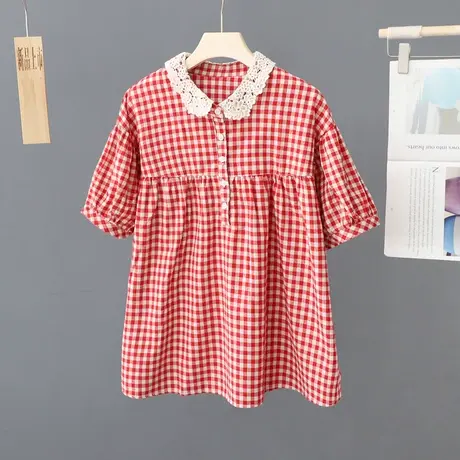 格子短袖衬衫女士夏季复古纯棉减龄气质蕾丝娃娃领拼接遮肚上衣潮图片