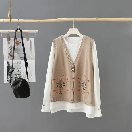 复古文艺刺绣V领无袖针织开衫马甲女短款宽松毛线坎肩背心毛衣商品大图