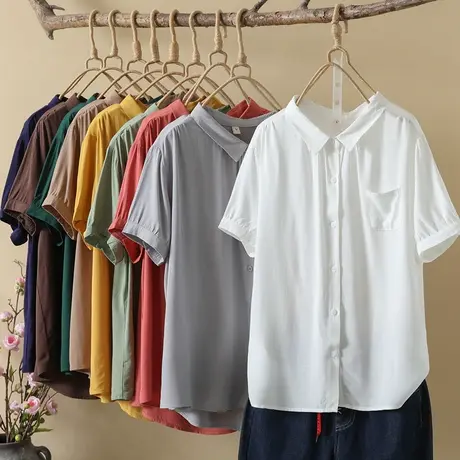 韩版文艺复古纯棉短袖衬衫女夏薄款白色衬衣气质显瘦半袖开衫上衣图片
