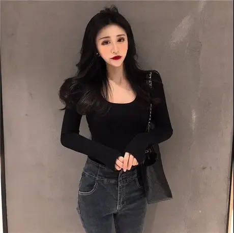 黑色圆领打底衫女内搭2023新款秋冬紧身低领长袖t恤洋气上衣纯棉商品大图