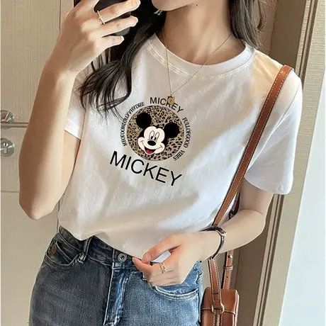 2023新款短袖t恤女韩版宽松大码纯棉圆领白色米奇印花基础款上衣商品大图