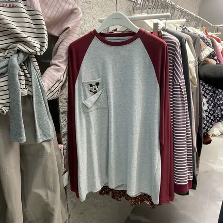 2023春秋装新款圆领口袋卡通图案拼色袖宽松长袖T恤女打底衫上衣图片