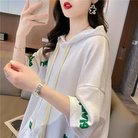 连帽短袖t恤女夏韩版宽松大码女装中长款设计感小众华夫格上衣服图片