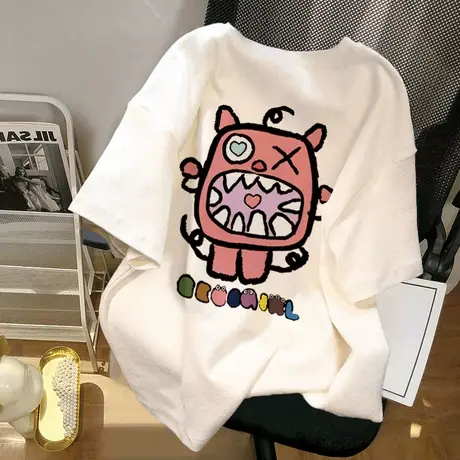纯棉重磅白色短袖t恤女夏季小众设计感圆领宽松韩版小个子上衣ins商品大图