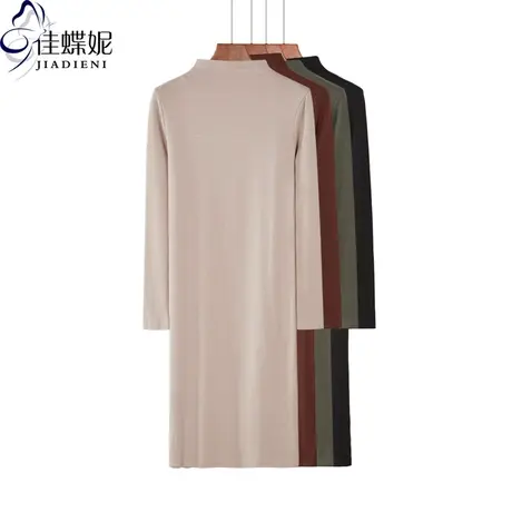 冬新款纯棉半高领长袖连衣裙纯色体恤女韩版修身中长款内搭打底衫商品大图