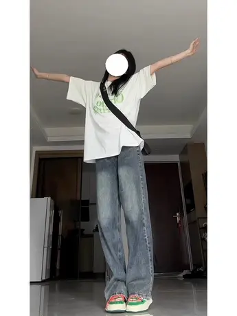 美式复古牛仔裤女秋季2023新款休闲宽松高腰小个子高街阔腿直筒裤图片