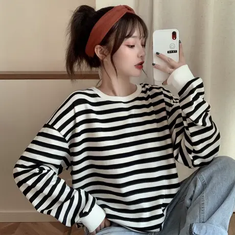 条纹chic盐系卫衣女春秋薄款宽松韩版bf慵懒风ins超火cec上衣外套商品大图