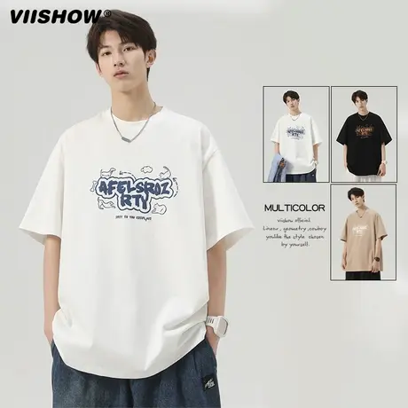 VIISHOW卡通字母短袖t恤男夏季潮牌宽松休闲oversize纯棉情侣上衣图片