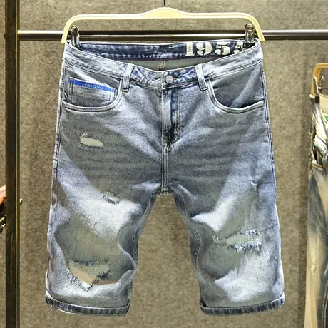 宽松直筒牛仔短裤男款夏季薄款舒适休闲五分裤潮牌破洞补丁中裤子商品大图