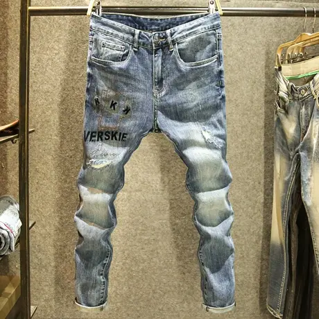 高端印花牛仔裤男秋季潮牌破洞修身小脚弹力长裤时尚图案烫钻裤子商品大图