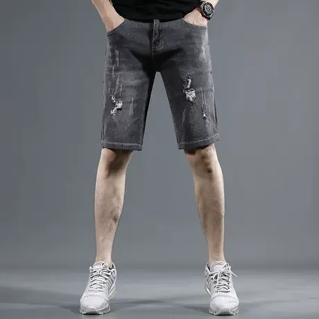 黑灰色牛仔短裤男2023夏季新款潮牌破洞修身弹力男士五分薄款裤子商品大图