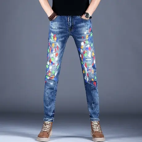 男士油漆泼墨牛仔裤男修身小脚春百搭裤子男韩版潮牌男款百搭休闲商品大图