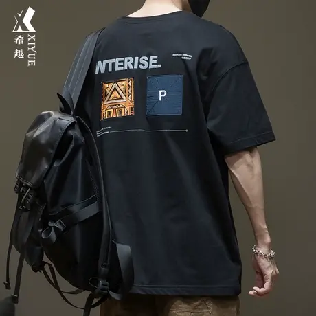 希越国潮民族风印花短袖T恤男夏季纯棉重磅衣服男士大码五分袖黑图片