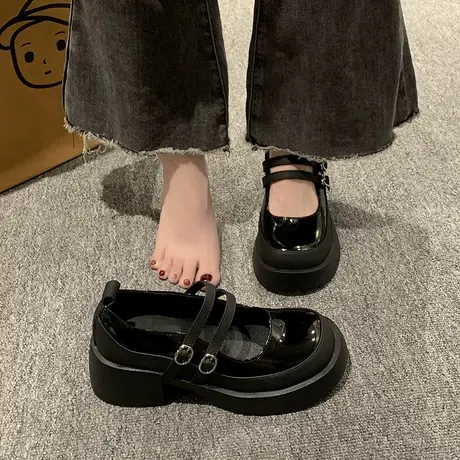 永希玛丽珍鞋女2023年新款秋季百搭厚底单鞋复古英伦风时髦小皮鞋商品大图