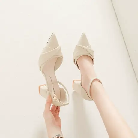 尖头单鞋女春季2023年新款性感百搭软皮一字带粗跟职业工作高跟鞋图片