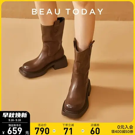 BeauToday短靴女2023新款BT真皮春季单靴高跟法式黑色复古靴子图片