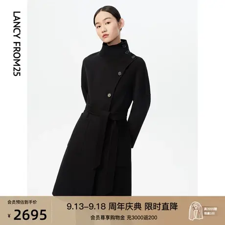 朗姿女装冬季新款黑色羊毛外套韩系温柔风中长款毛呢大衣商场同款图片