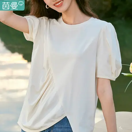 茵曼官方旗舰店法式T恤2023新款夏天设计感泡泡袖上衣女款白体桖图片
