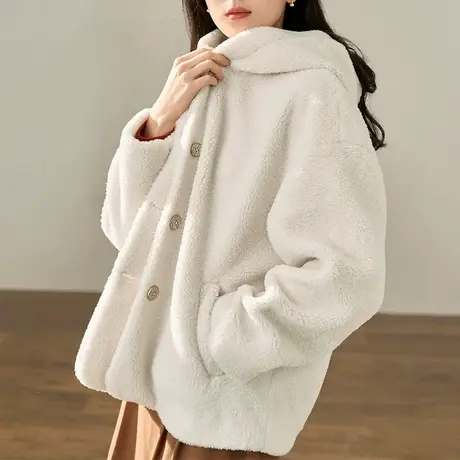 茵曼旗舰店羊羔绒连帽外套女2023秋冬季新款加绒加厚棉服棉衣上衣图片