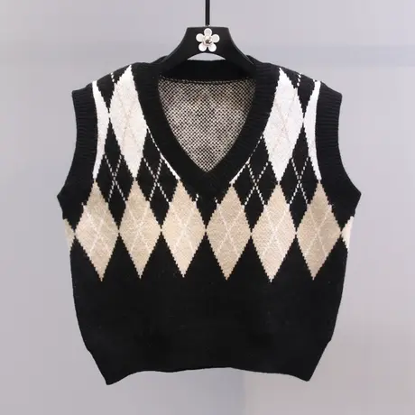 复古菱形格针织马甲女2023年秋装新款宽松外搭高级感V领毛衣背心图片