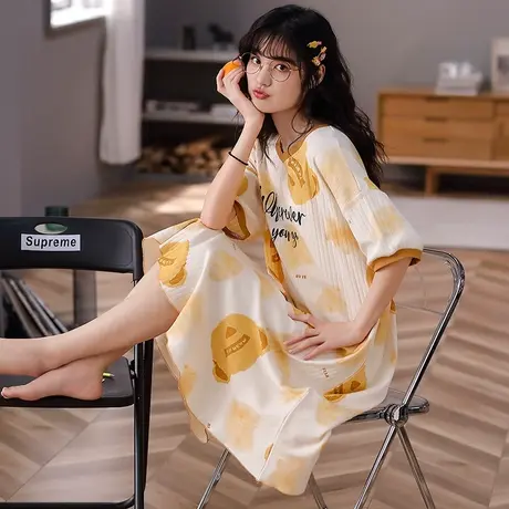 猫人2024新款女士睡裙春夏季纯棉圆领套头家居服休闲简约睡衣印花商品大图