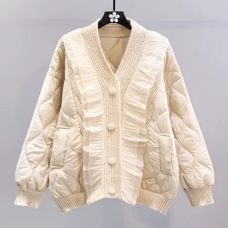 木耳边拼接针织棉服女冬季2023年新款韩系宽松高级感加厚棉衣外套图片