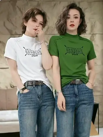 纯色短袖字母印花半高领设计T恤女时尚2023春夏新款套头百搭上衣商品大图