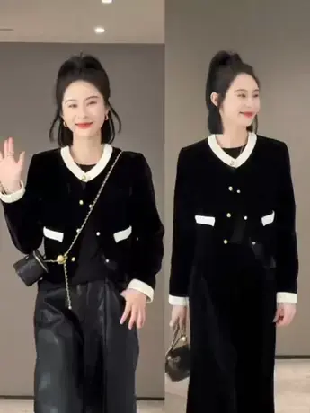 2023秋季新款小香风黑色丝绒短款外套女设计感时尚拼接气质上衣潮商品大图