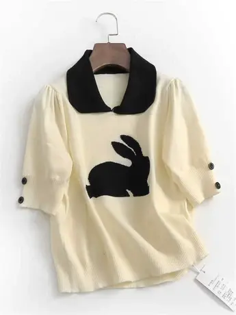 撞色卡通图案减龄娃娃领法式泡泡袖春夏新款2023短袖女针织衫上衣商品大图