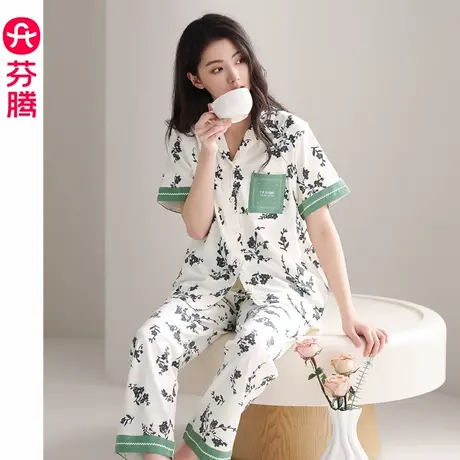 芬腾新款睡衣女夏季纯棉薄款短袖开衫休闲大码舒适全棉家居服套装商品大图