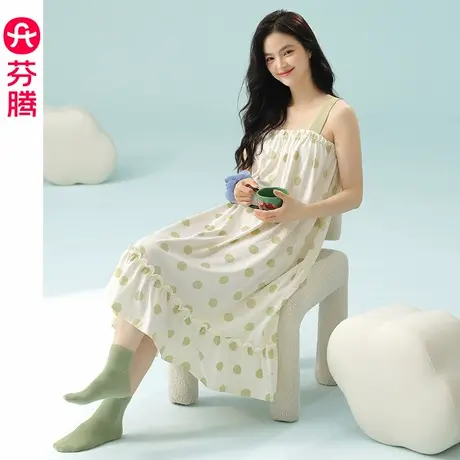 芬腾新款女士睡裙夏季薄款纯棉吊带睡衣裙少女波点宽松家居服中裙图片