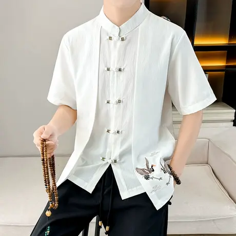 新中式男装夏季短袖假两件开衫上衣服中国风盘扣唐装双鹤刺绣衬衫图片