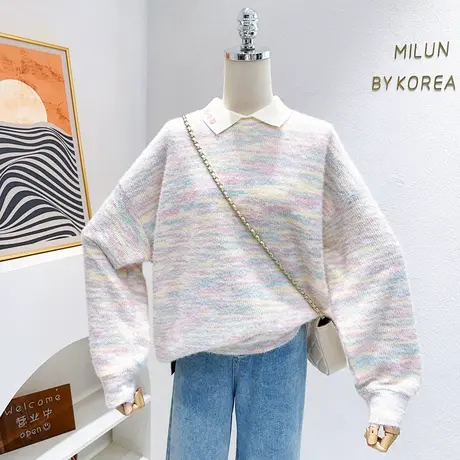 ins奶油风软糯毛衣~日系甜美2023秋款学院风polo领针织卫衣宽松女图片