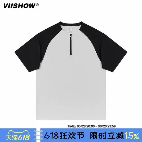 VIISHOW日系短袖T恤男2025夏新款复古学院风半拉链宽松休闲上衣服商品大图