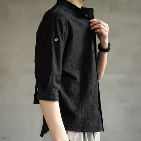七分袖衬衫男短袖衬衣宽松中国风男装夏季休闲外套仿棉麻上衣半袖商品大图