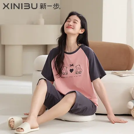 新一步短袖七分裤纯棉睡衣女夏季薄款小熊印花家居服两件套可外穿商品大图