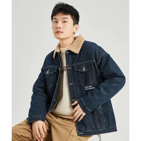 唐狮冬季新款牛仔外套男加绒加厚仿羊羔绒男黑色牛仔衣厚外套商品大图