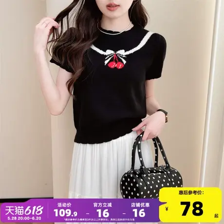 唐狮25夏季新款针织短袖女撞色蝴蝶结波浪边圆领套头时尚上衣女Y图片