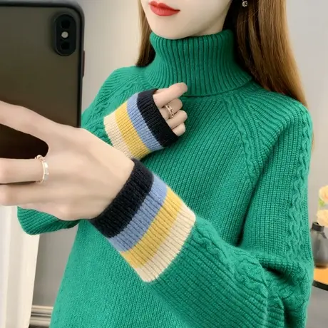 高领毛衣女士秋冬2023年新款宽松加厚拼色条纹洋气内搭针织打底衫商品大图