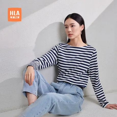 HLA/海澜之家一字领长袖条纹直筒T恤春夏新款微弹休闲微弹长t女装商品大图