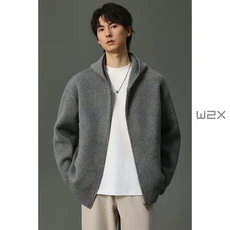w2x秋季简约阔形双插袋连帽针织拉链卫衣男2024新款设计感套头衫商品大图