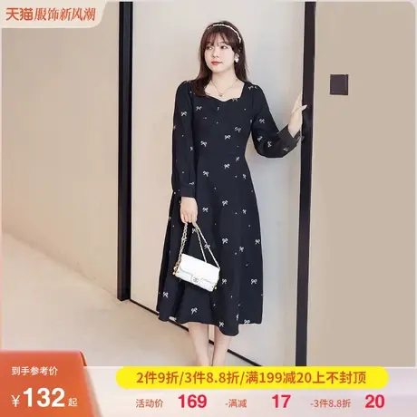 2022年秋冬新款方领气质蝴蝶结磨毛长款连衣裙显瘦黑色大码胖mm商品大图