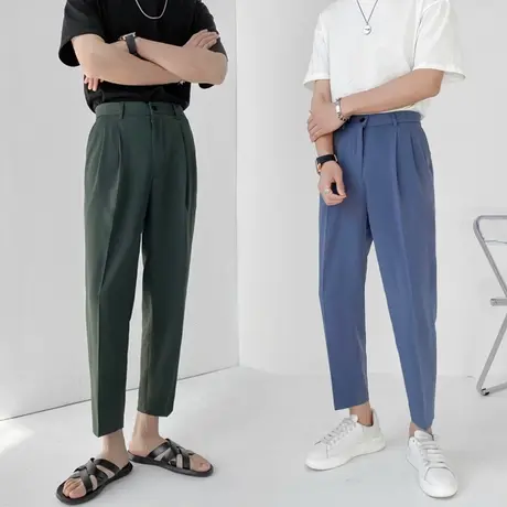 ins西裤直筒男九分春夏冰丝宽松垂感痞帅休闲裤轻熟炸街坠感裤子图片