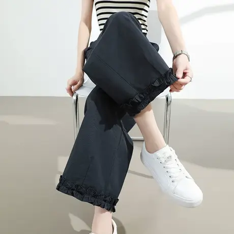 木耳边休闲直筒裤女夏季薄款高腰宽松百搭小个子八九分显瘦阔腿裤图片