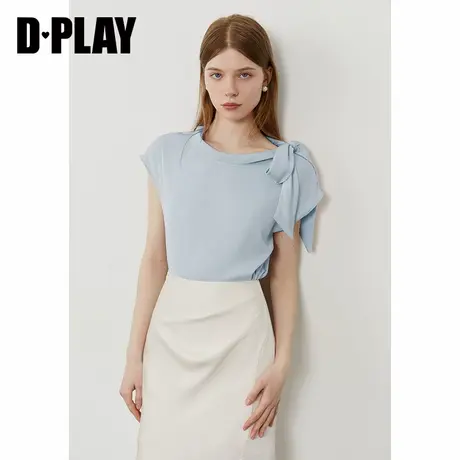 DPLAY2025年夏季新款缎面系带蓝色衬衫女法式宽松小衫短袖上衣图片